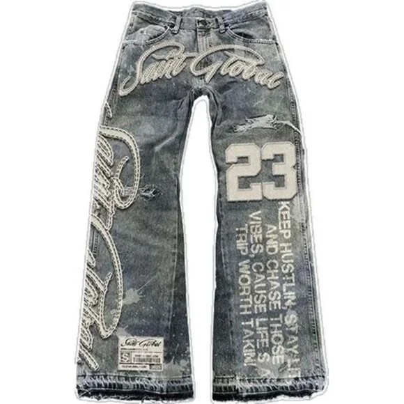 Streetwear Vintage Blue Jeans Y2K Clothes Men Hip Hop Letter Patch Embroidery - Picture 5 of 5
